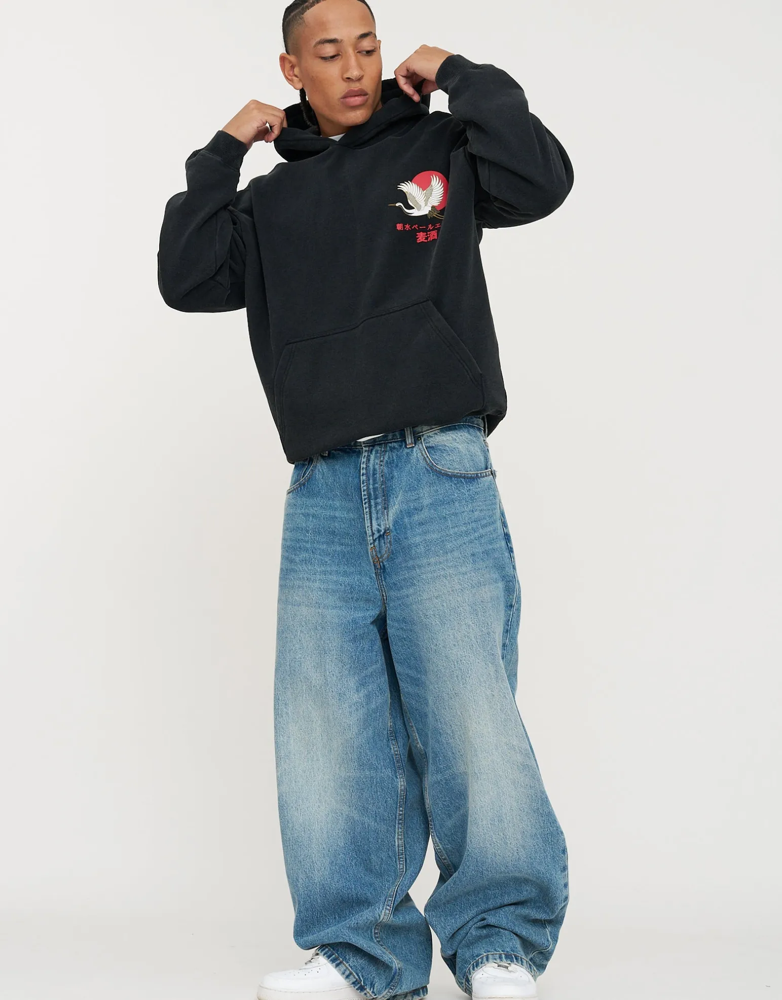 Asamizu Crane Oversized Hoodie in Washed Black