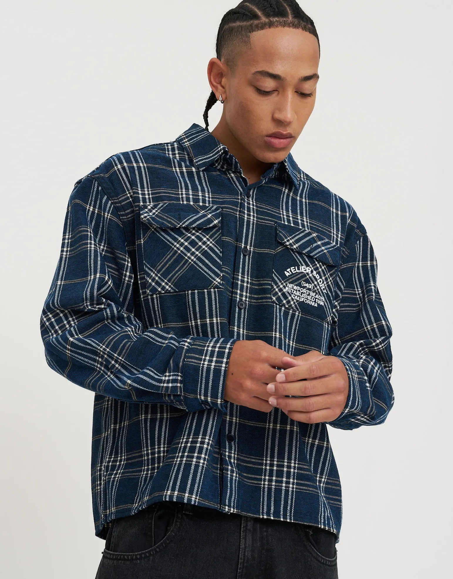 Atelier Long Sleeve Overshirt in Blue Check