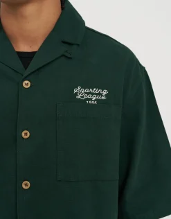 Austin Chain Stitch Cropped Short Sleeve Shirt in Forest Green