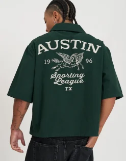 Austin Chain Stitch Cropped Short Sleeve Shirt in Forest Green
