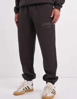 Baggy Leisure Club Cuffed Track Pants in Washed Black