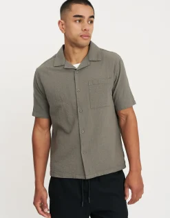 Bedford Linen Relaxed Fit Short Sleeve Shirt in Khaki