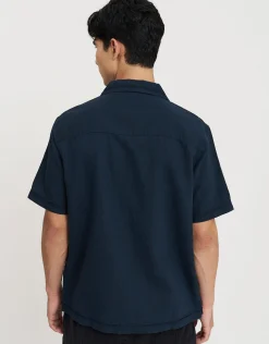 Borders Linen Relaxed Fit Short Sleeve Shirt in Navy
