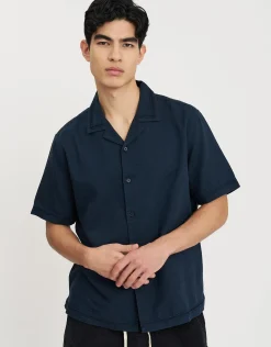 Borders Linen Relaxed Fit Short Sleeve Shirt in Navy