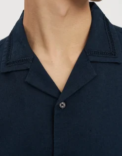 Borders Linen Relaxed Fit Short Sleeve Shirt in Navy