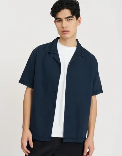 Borders Linen Relaxed Fit Short Sleeve Shirt in Navy