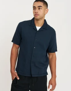 Borders Linen Relaxed Fit Short Sleeve Shirt in Navy