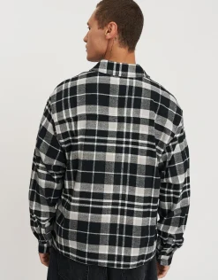 Check Zip Up Long Sleeve Overshirt in Black