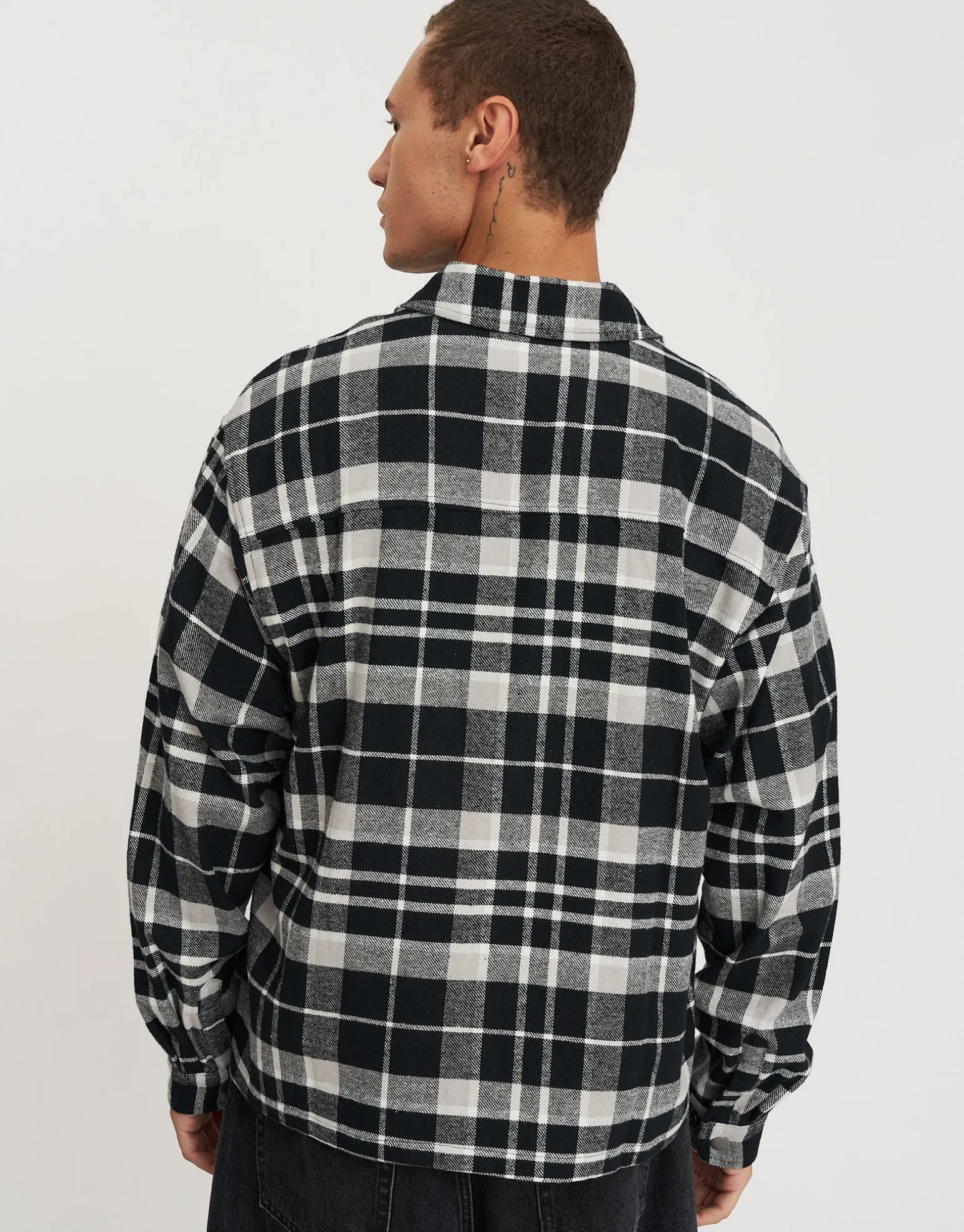 Check Zip Up Long Sleeve Overshirt in Black