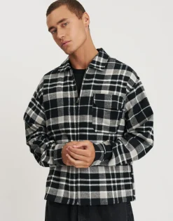 Check Zip Up Long Sleeve Overshirt in Black
