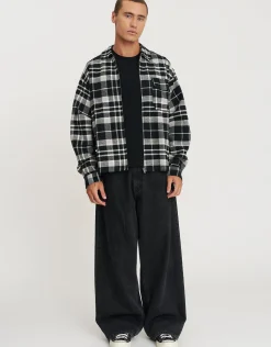 Check Zip Up Long Sleeve Overshirt in Black
