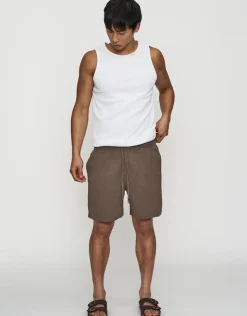 Crinkle Texture Elastic Waist Shorts in Brown