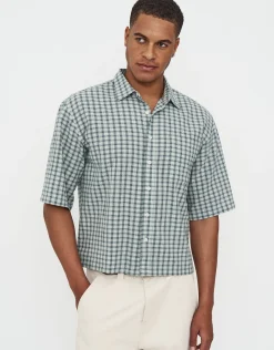 Cropped Check Short Sleeve Shirt in Light Green