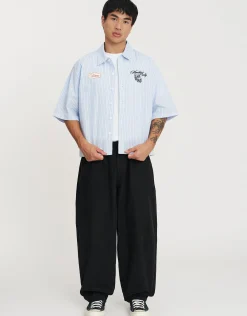 Cropped Members Only Striped Short Sleeve Shirt in Blue/white