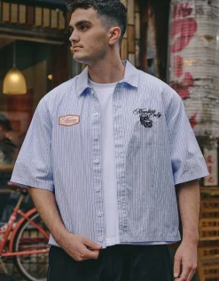 Cropped Members Only Striped Short Sleeve Shirt in Blue/white