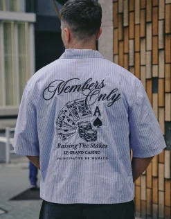Cropped Members Only Striped Short Sleeve Shirt in Blue/white
