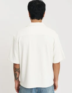 Cropped Plisse Embroidered Short Sleeve Shirt in Black