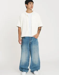 Cropped Plisse Embroidered Short Sleeve Shirt in Off White
