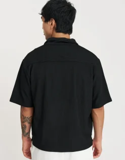 Cropped Plisse Embroidered Short Sleeve Shirt in Bitter Brown