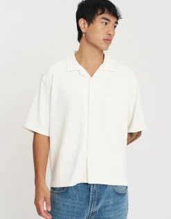 Cropped Plisse Embroidered Short Sleeve Shirt in Bitter Brown