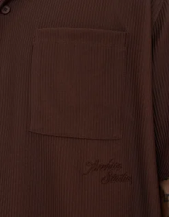 Cropped Plisse Embroidered Short Sleeve Shirt in Bitter Brown
