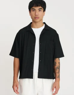 Cropped Plisse Embroidered Short Sleeve Shirt in Bitter Brown