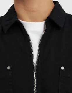 Cropped Zip Up Short Sleeve Shirt in Black