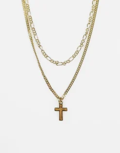 Cross Pendant Double Chain Necklace in Gold