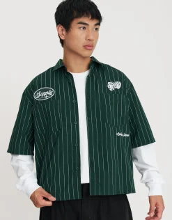 Dice Supply Cropped Short Sleeve Shirt in Deep Forest Green