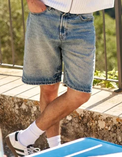 Distressed Relaxed Fit Denim Shorts in Acid Wash Blue