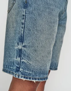 Distressed Relaxed Fit Denim Shorts in Acid Wash Blue