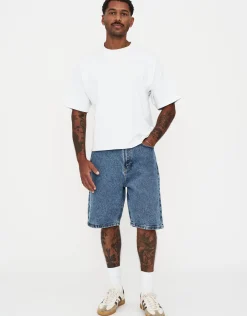 Distressed Relaxed Fit Denim Shorts in Acid Wash Blue