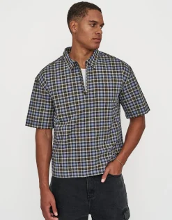 Dragon Check Quarter Zip Short Sleeve Shirt in Blue Check