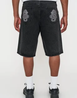 Dragons Embroidered Baggy Fit Jorts in Washed Black