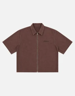 Faded Zip Up Short Sleeve Shirt in Bitter Brown