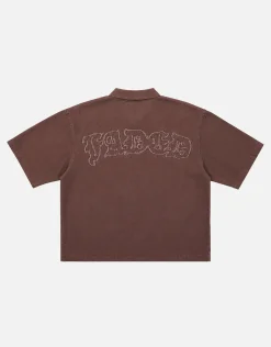 Faded Zip Up Short Sleeve Shirt in Bitter Brown