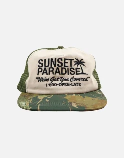 Good Vibes Trucker Hat in Camo/off White
