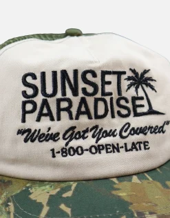 Good Vibes Trucker Hat in Camo/off White
