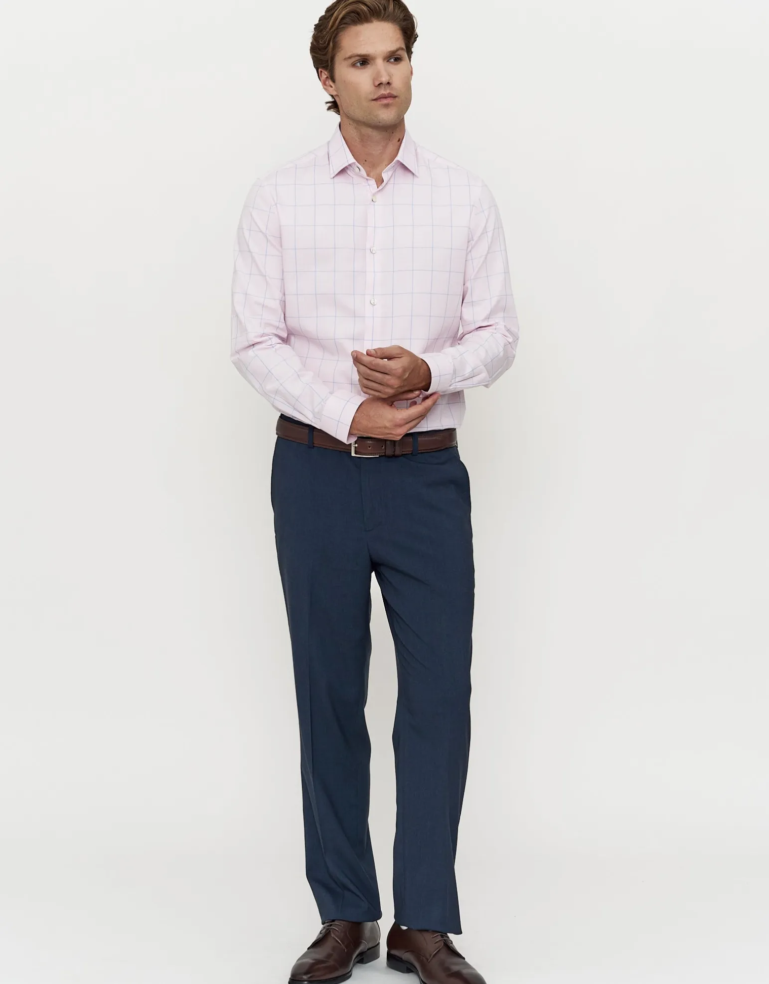 Grid Long Sleeve Dress Shirt in Light Pink