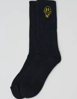 Happy Embroidered Sport Socks in Black