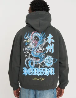Honshu Dragon Oversized Hoodie in Pewter Grey