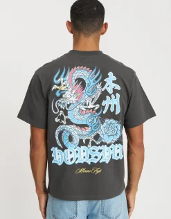 Honshu Dragon Relaxed Fit T Shirt in Pewter Grey