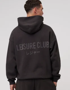 Leisure Club Print Oversized Hoodie in Black
