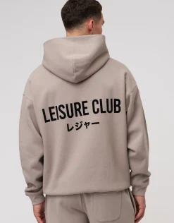 Leisure Club Print Oversized Hoodie in Bitter Brown