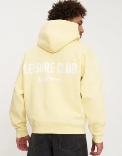Leisure Club Print Oversized Hoodie in Dark Ecru