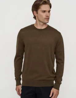 100% Merino Crew Neck Knit Jumper in Olive