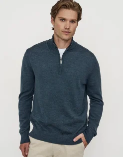 100% Merino Quarter Zip Knit Jumper in Navy Marle