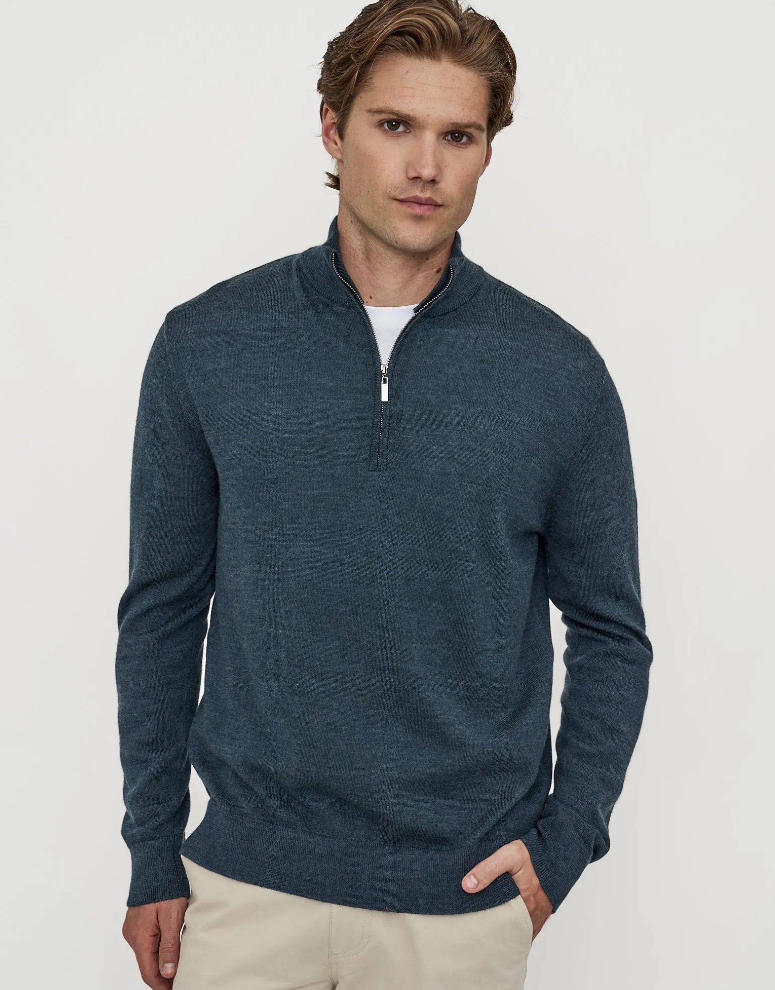 100% Merino Quarter Zip Knit Jumper in Navy Marle