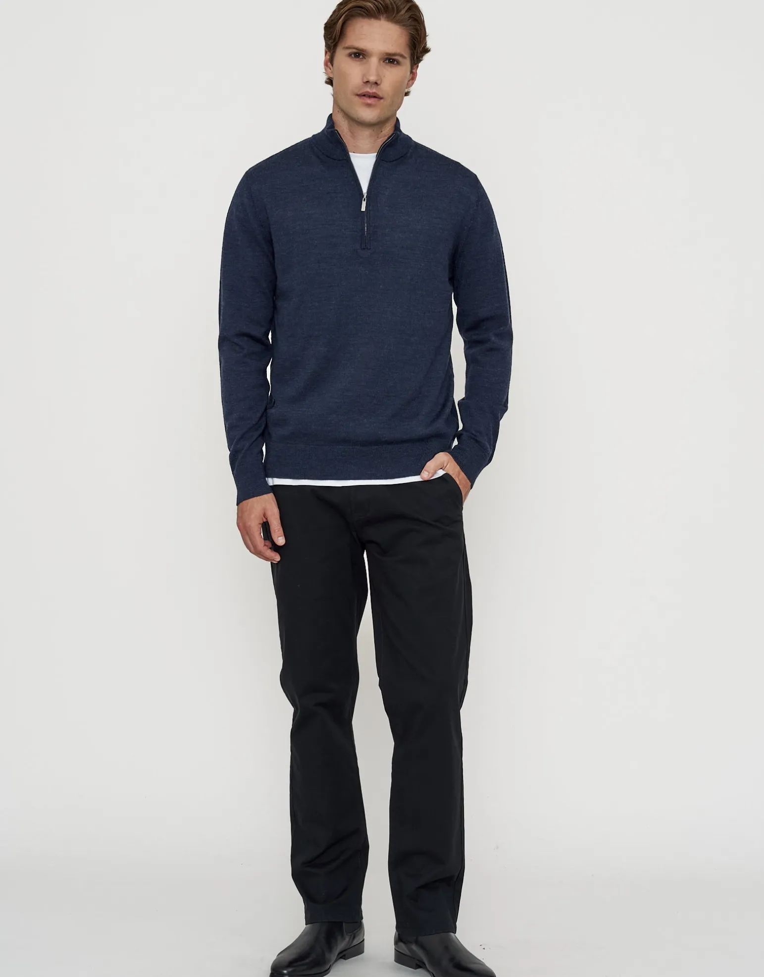 100% Merino Quarter Zip Knit Jumper in Navy Marle
