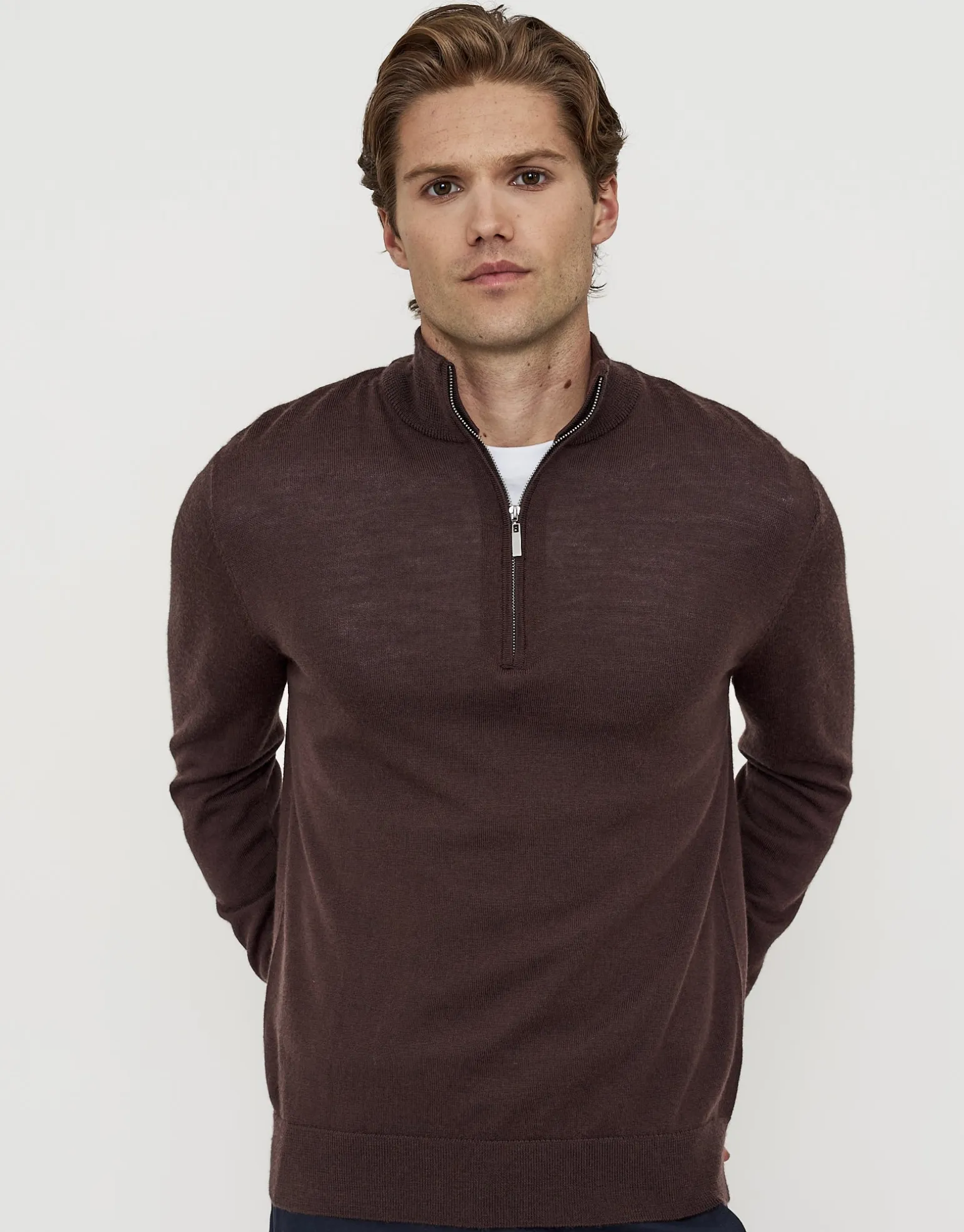 100% Merino Quarter Zip Knit Jumper in Navy Marle